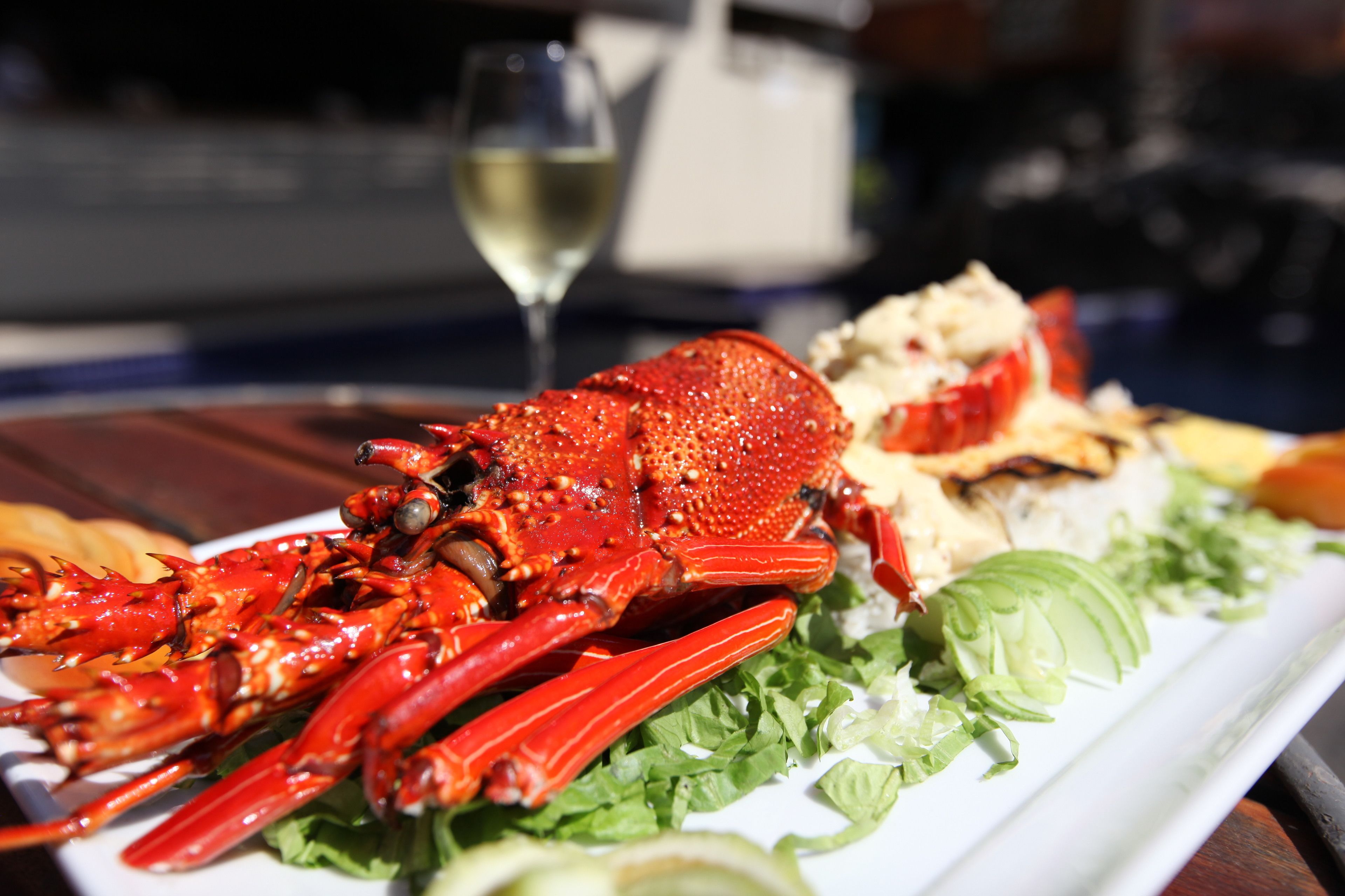 A plate with a cooked crab, lettuce, and sliced vegetables.