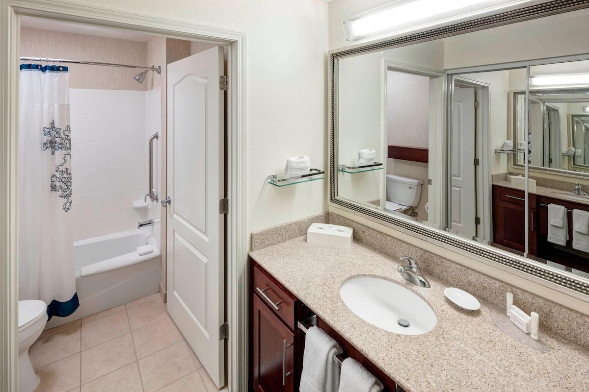 combined shower/bathtub, free toiletries, hair dryer, towels