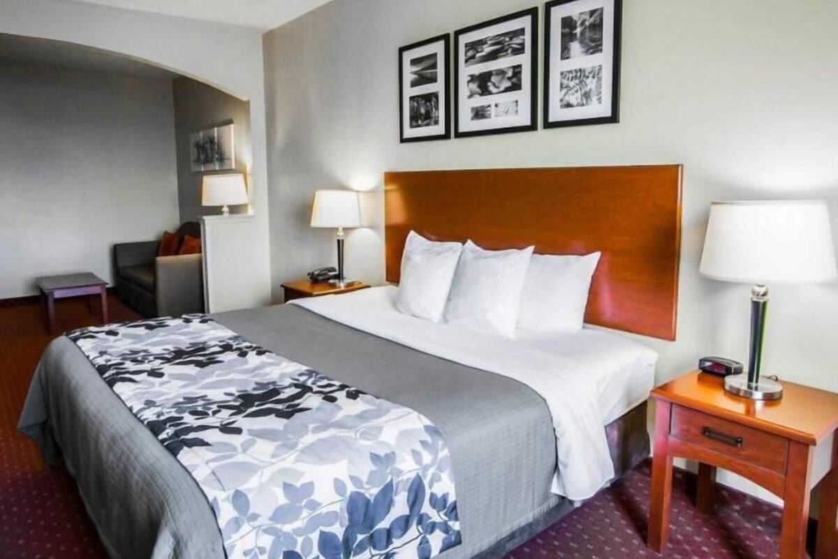 A hotel room with a bed, bedside tables, a desk, and a chair.