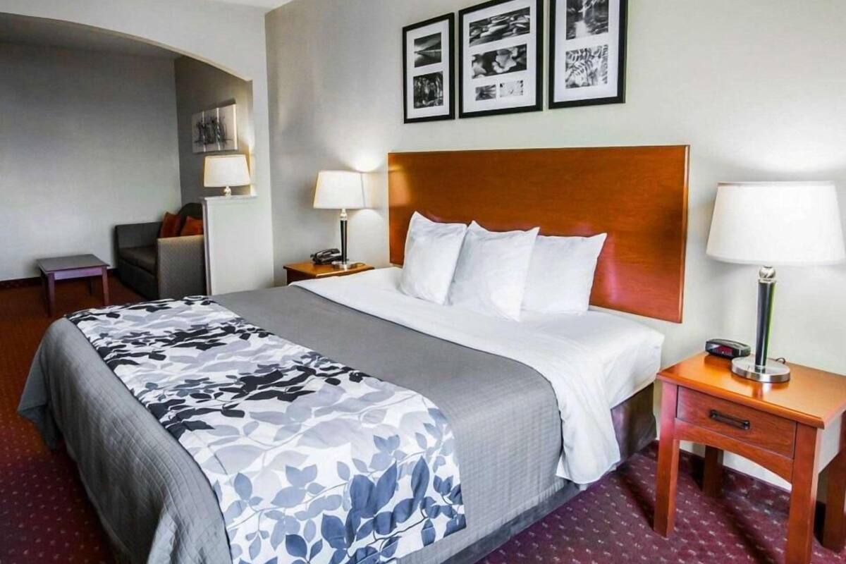 A hotel room with a bed, bedside tables, a desk, and a chair.
