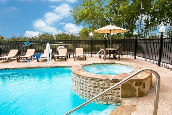 Outdoor pool, pool umbrellas, pool loungers