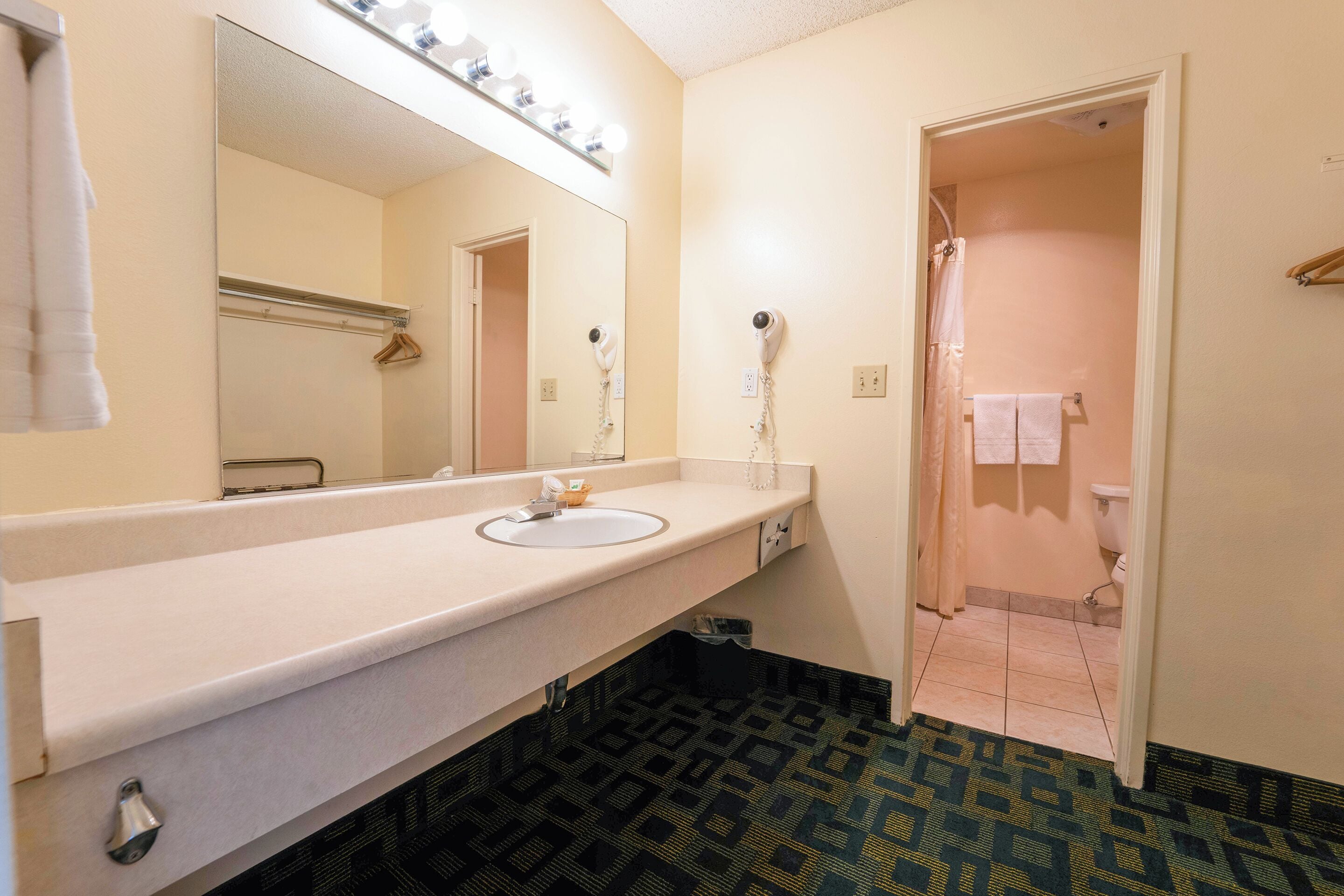 A bathroom with a sink, mirror, and hairdryer.