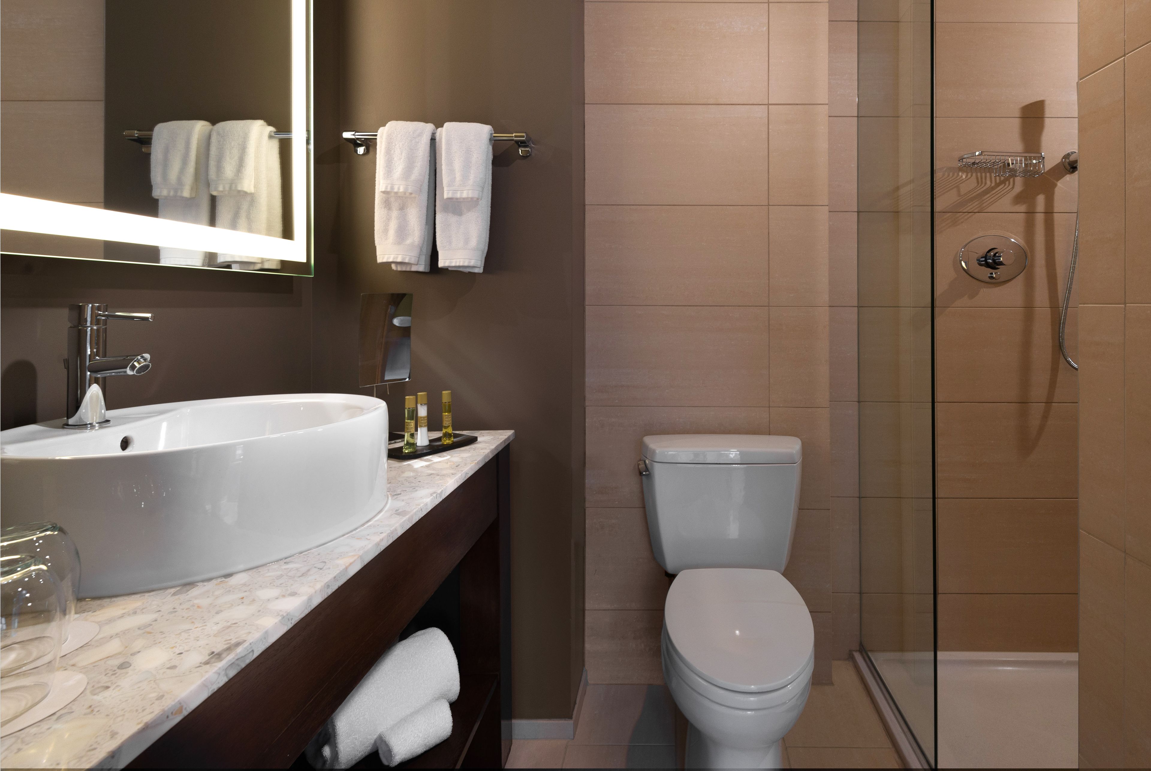 A modern bathroom with a large sink, toilet, and glass-enclosed shower.
