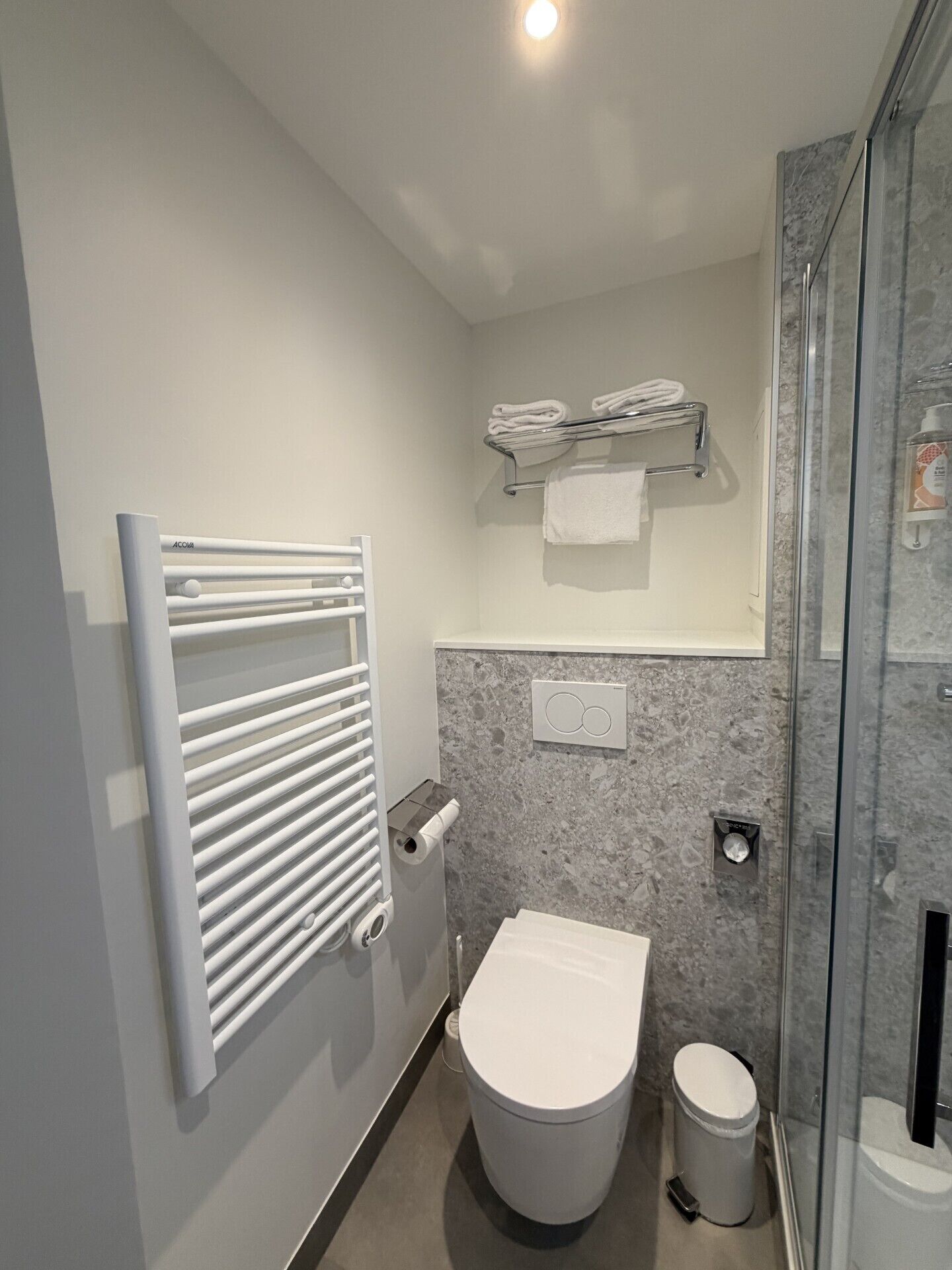 Ein modernes Badezimmer mit Toilette, Handtuchhalter und einer Duschkabine aus Glas.