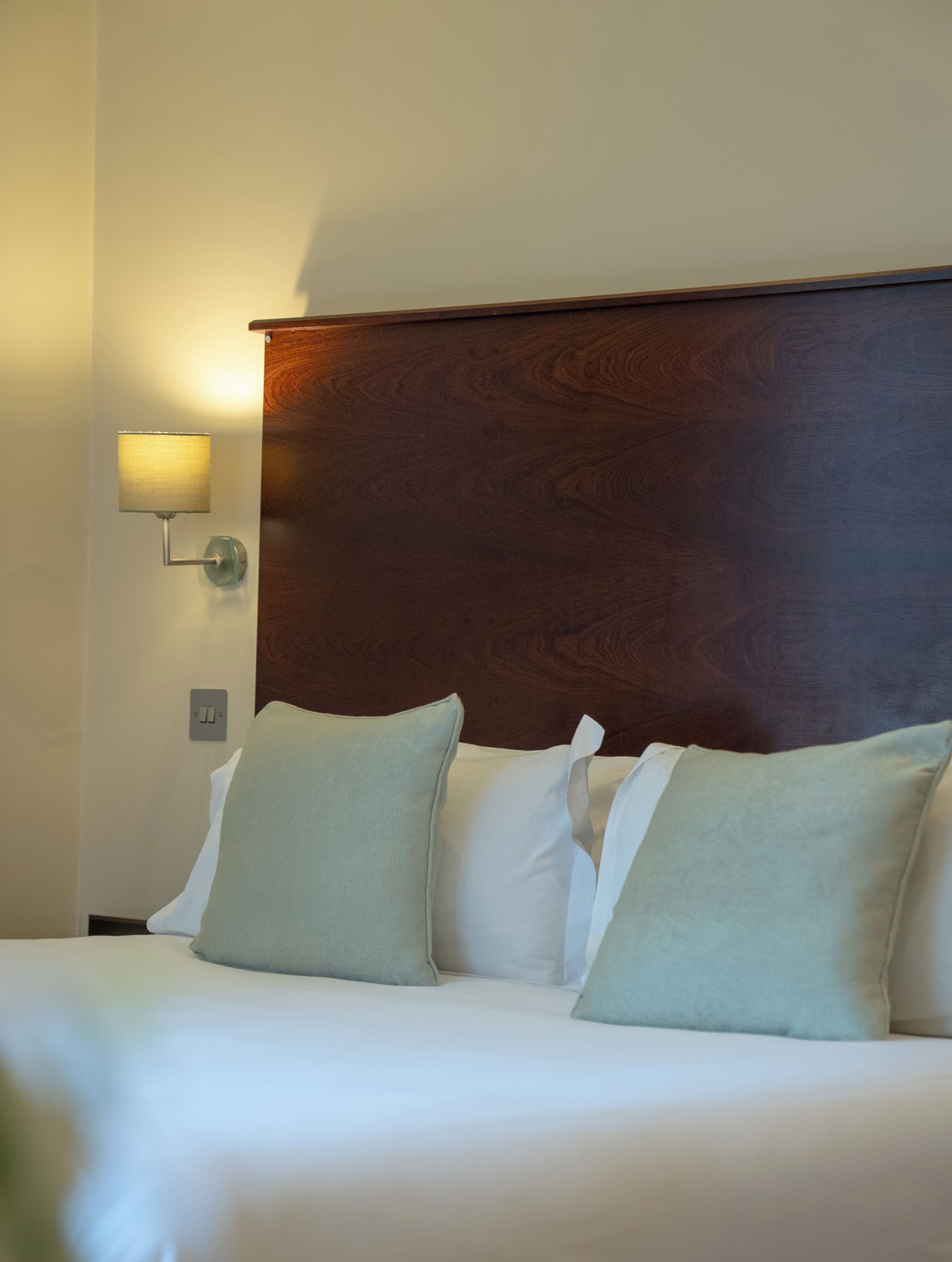 Ein Hotelzimmer mit einem hölzernen Kopfteil, einer Wandlampe und zwei Kissen auf dem Bett.