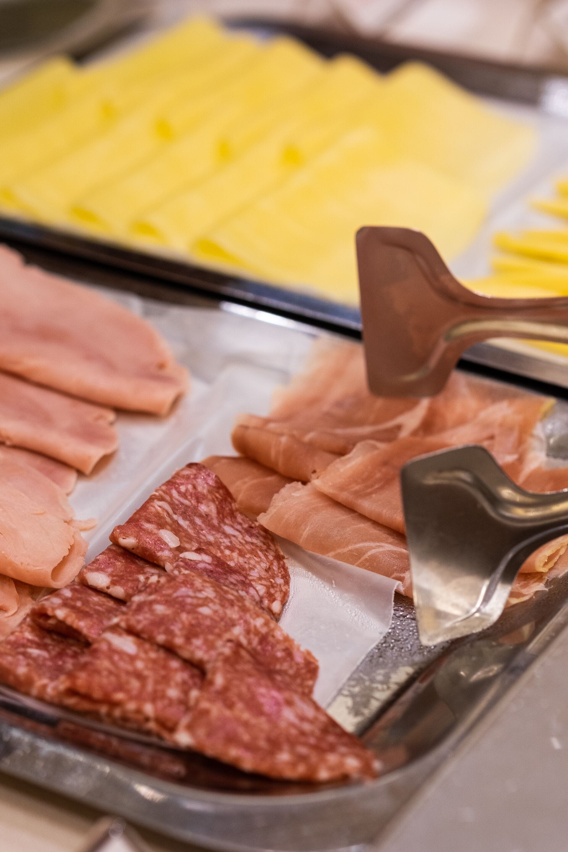 A variety of sliced meats on a tray, including different types of salami and ham.