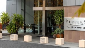 Ein Hotel Eingang mit modernem Design, mit Glasfassade, Blumentöpfen und einem Schild für das Gallery Hotel.
