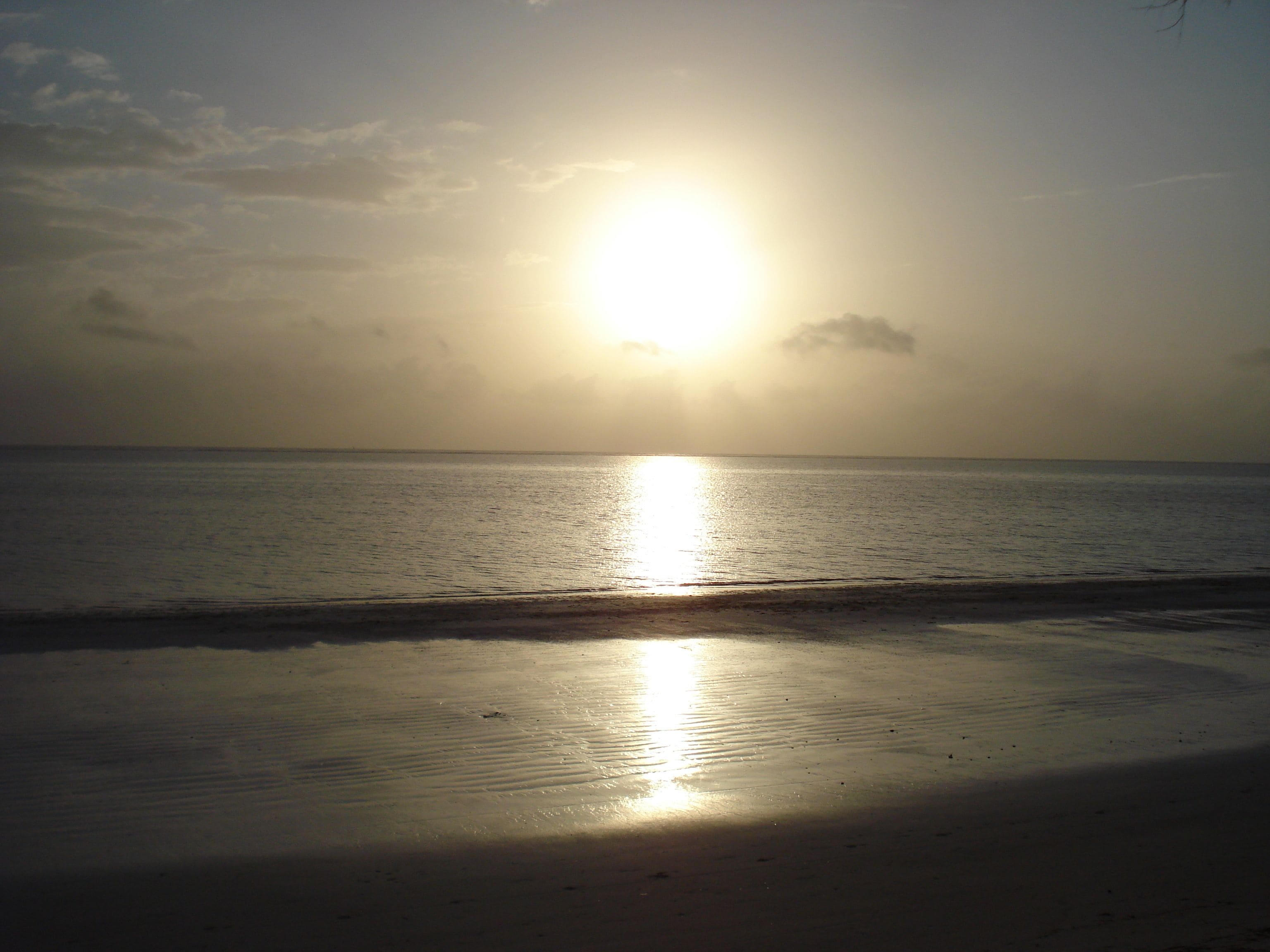 Una playa con el sol reflejado en el agua.