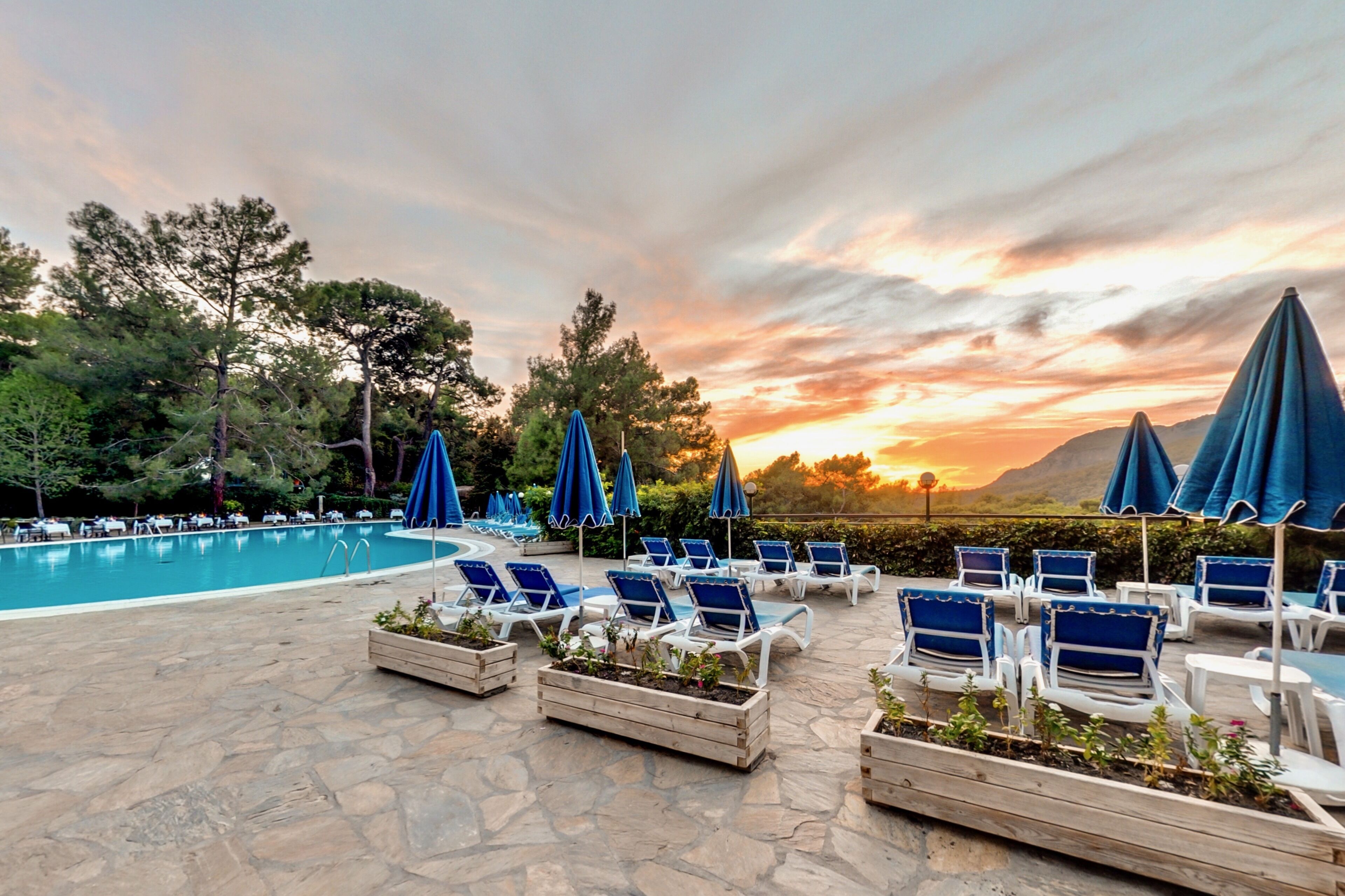 Zona de piscina con sillones y sombrillas, rodeada de árboles y una vista al atardecer.