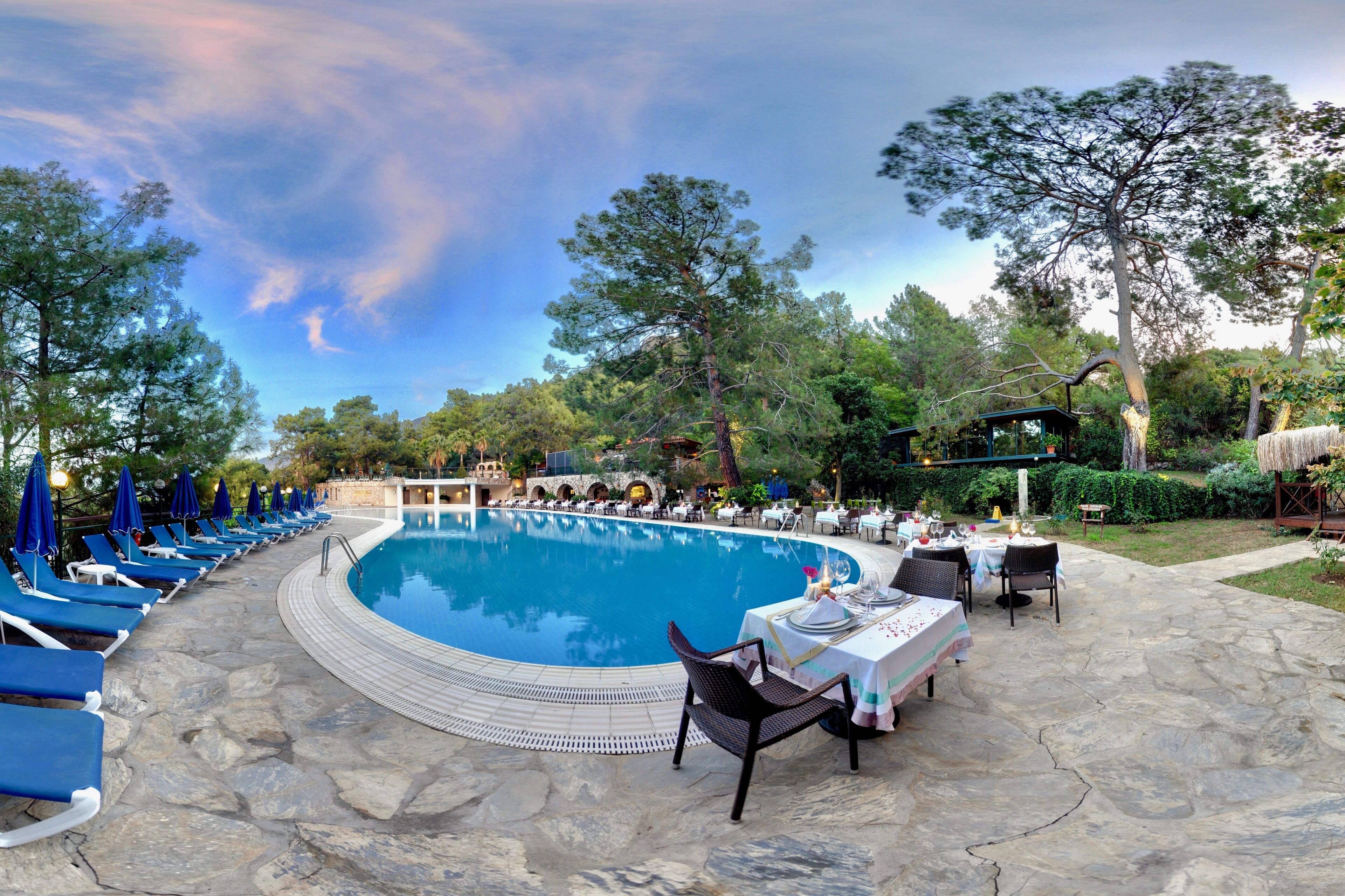 A poolside area with lounge chairs and tables, surrounded by trees and a clear sky.