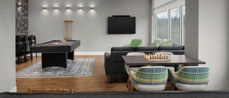 A modern living room with a pool table, a sofa, a coffee table, and a billiards table.