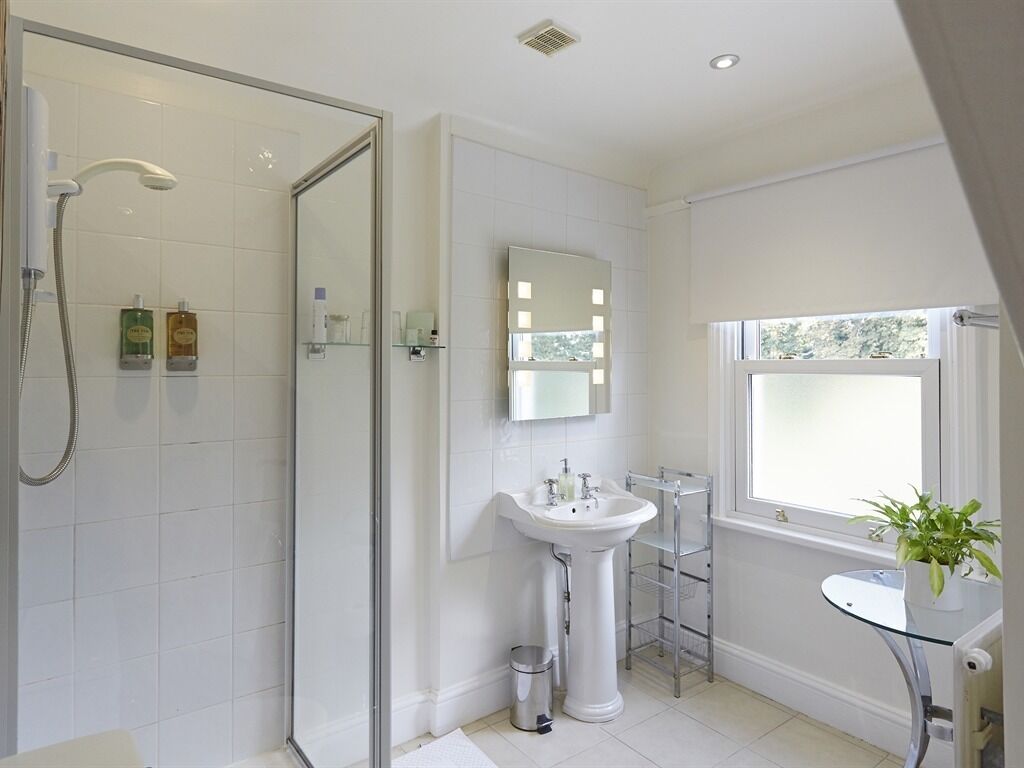 A modern bathroom with a shower, sink, and mirror.
