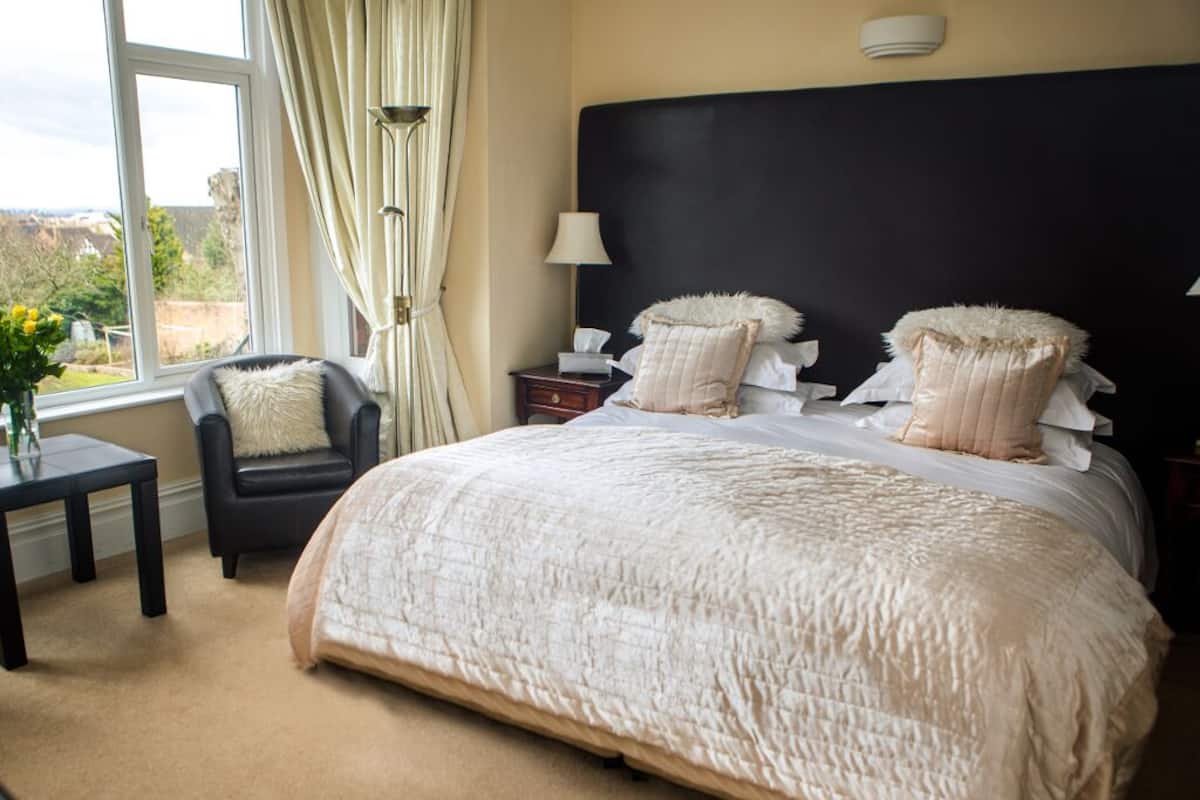 A bedroom with a large bed, a chair, a nightstand, a lamp, and a view of the outdoors.