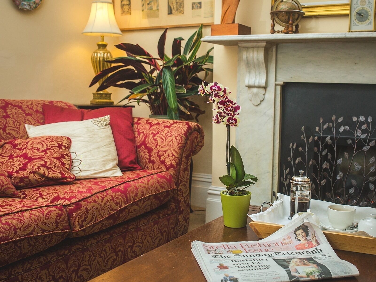 A cozy living room with a patterned sofa, a green plant, and a newspaper on a wooden table.