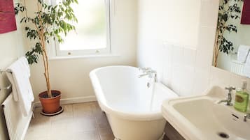 A bathroom with a freestanding bathtub, a sink, and a potted plant.