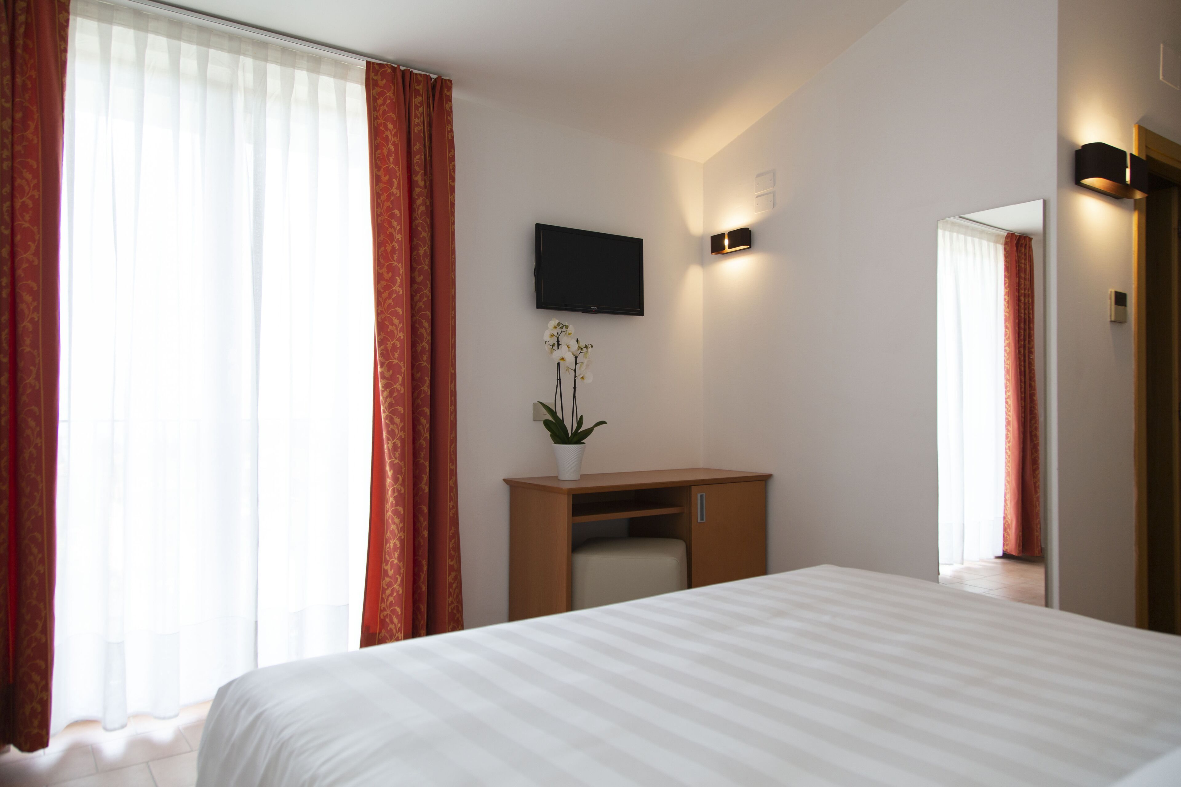 A hotel room with a bed, a desk, a TV, and a potted plant.