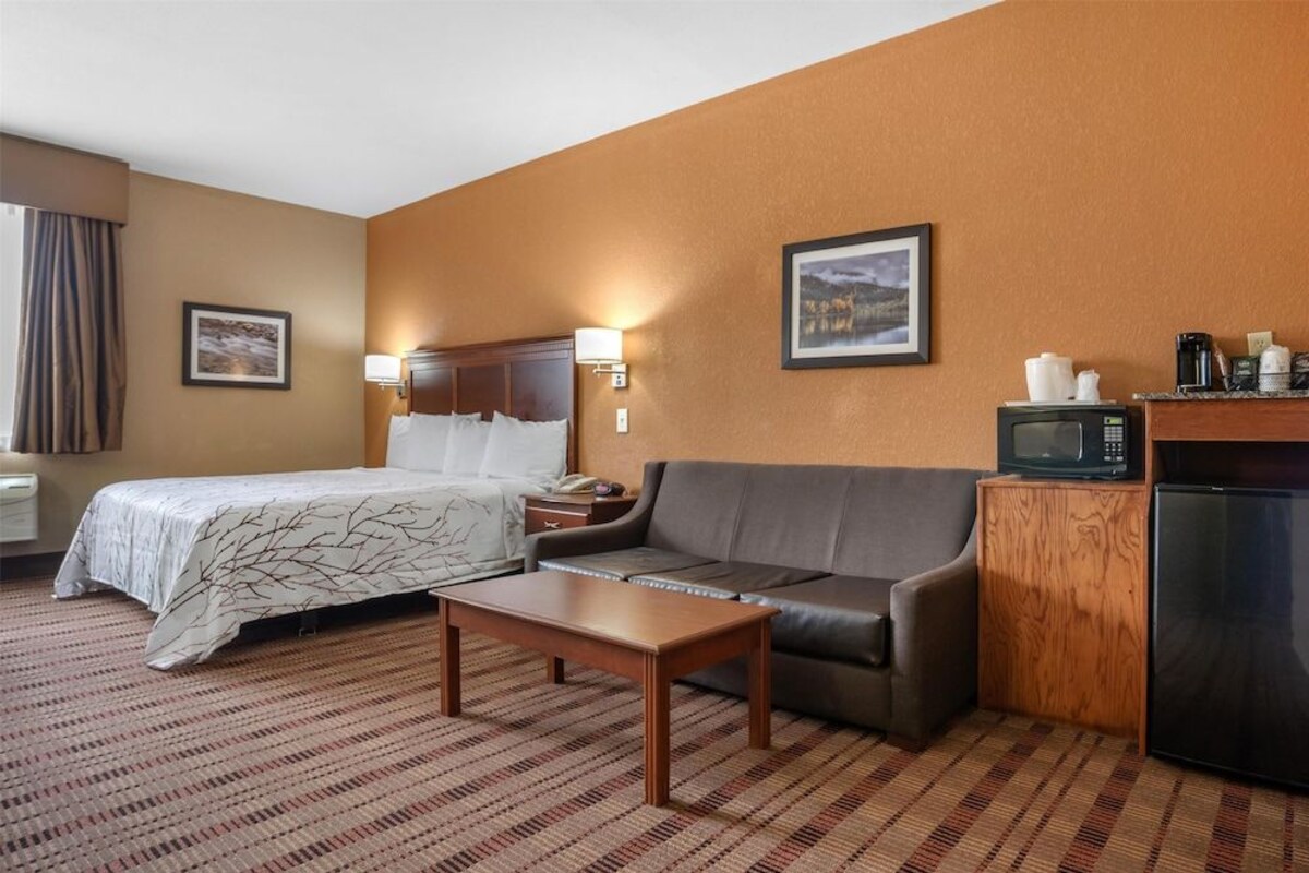 A hotel room with a bed, a sofa, a small table, a microwave, and a refrigerator.