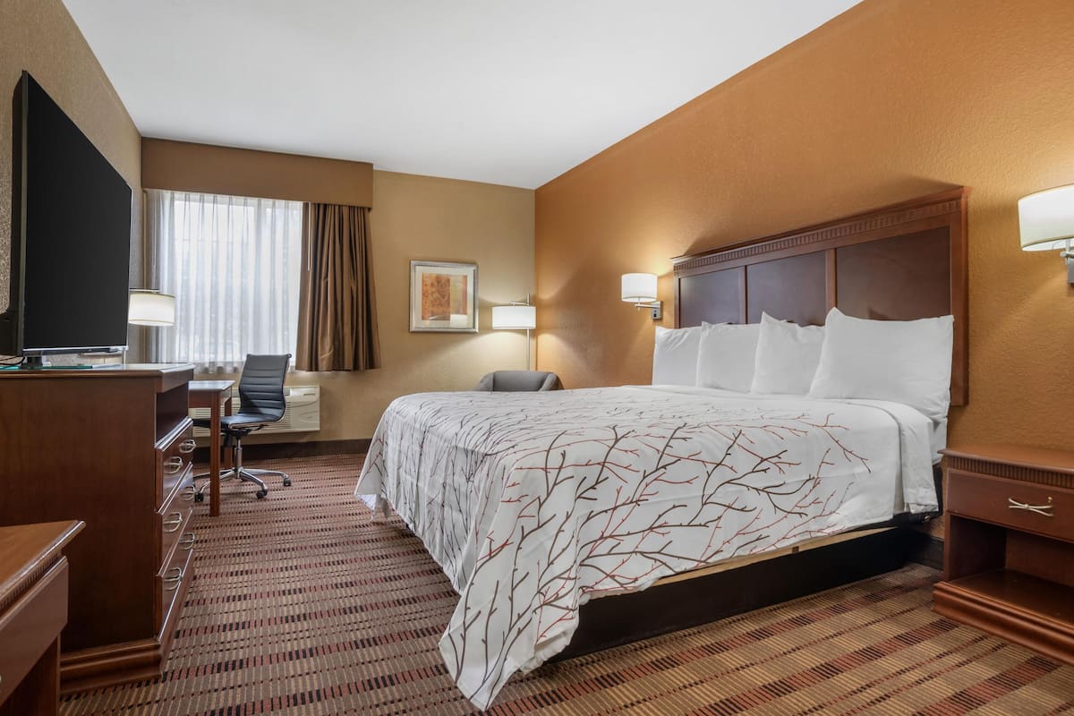 A hotel room with a bed, desk, chair, and a television.