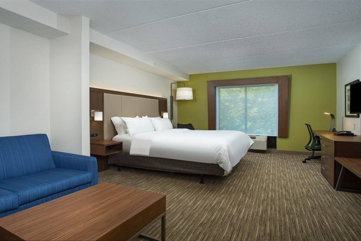 A hotel room with a bed, a blue sofa, a wooden table, a desk with a chair, a TV, and a window with a view of trees.