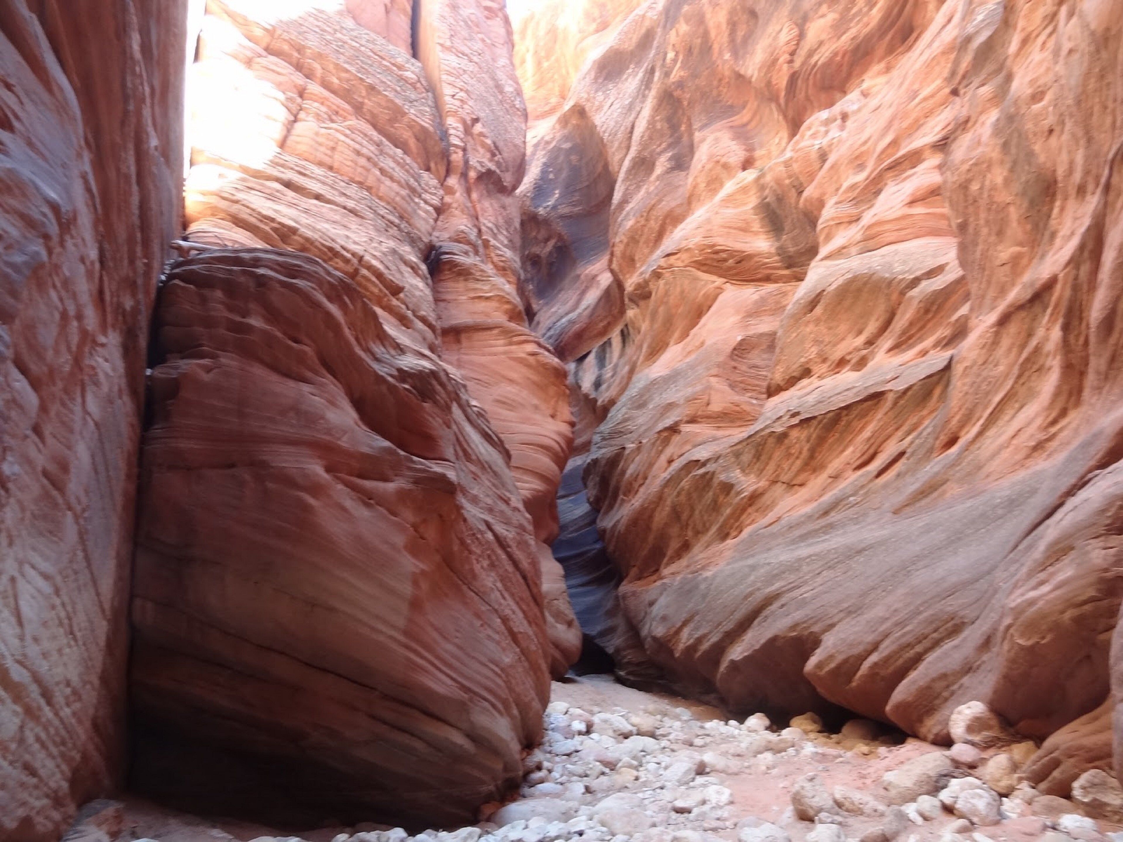 Eine schmale Schlucht mit glatten Felswänden und unebenem, felsigen Boden.