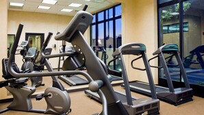 Una palestra attrezzata con tapis roulant, cyclette ellittiche e biciclette stazionarie.