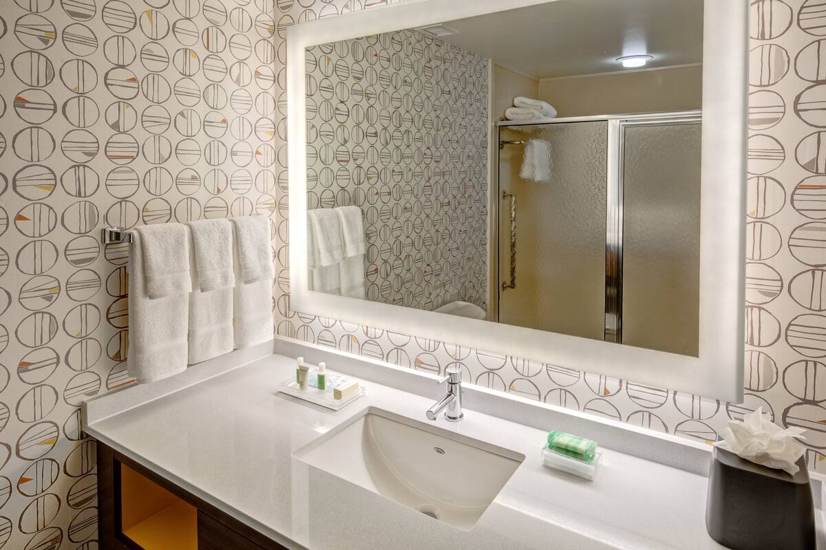 Une salle de bain avec un grand miroir, un lavabo et une douche.