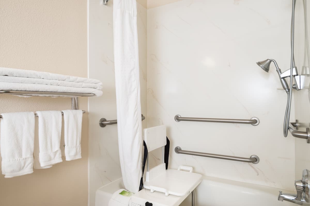 Combined shower/tub, free toiletries, hair dryer, towels