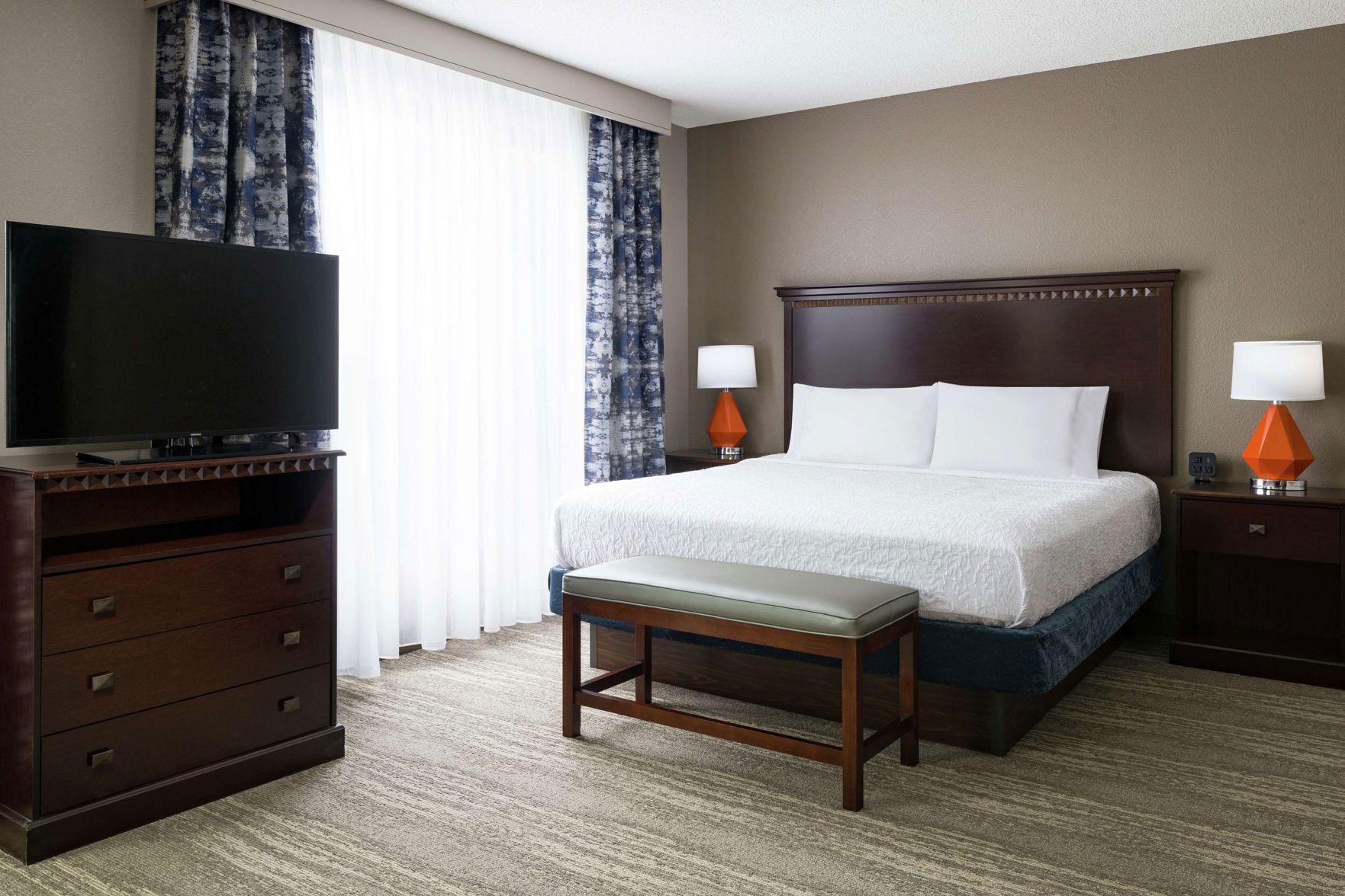 Premium bedding, desk, blackout drapes, iron/ironing board