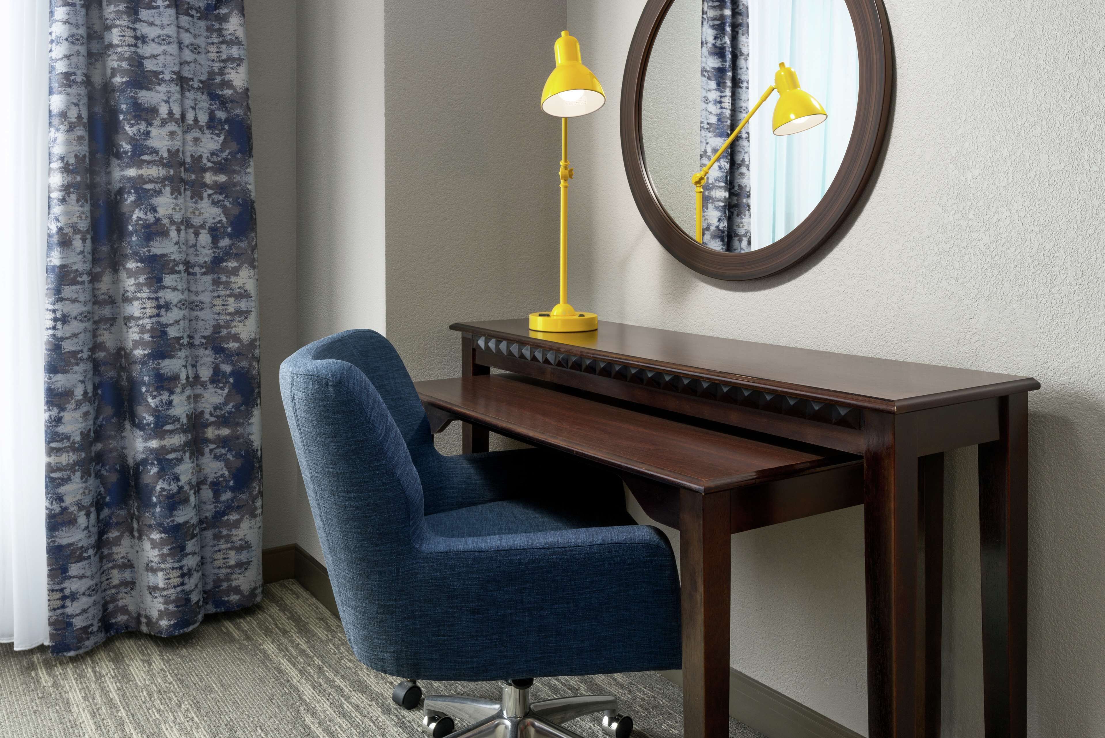 premium bedding, desk, blackout curtains, iron/ironing board