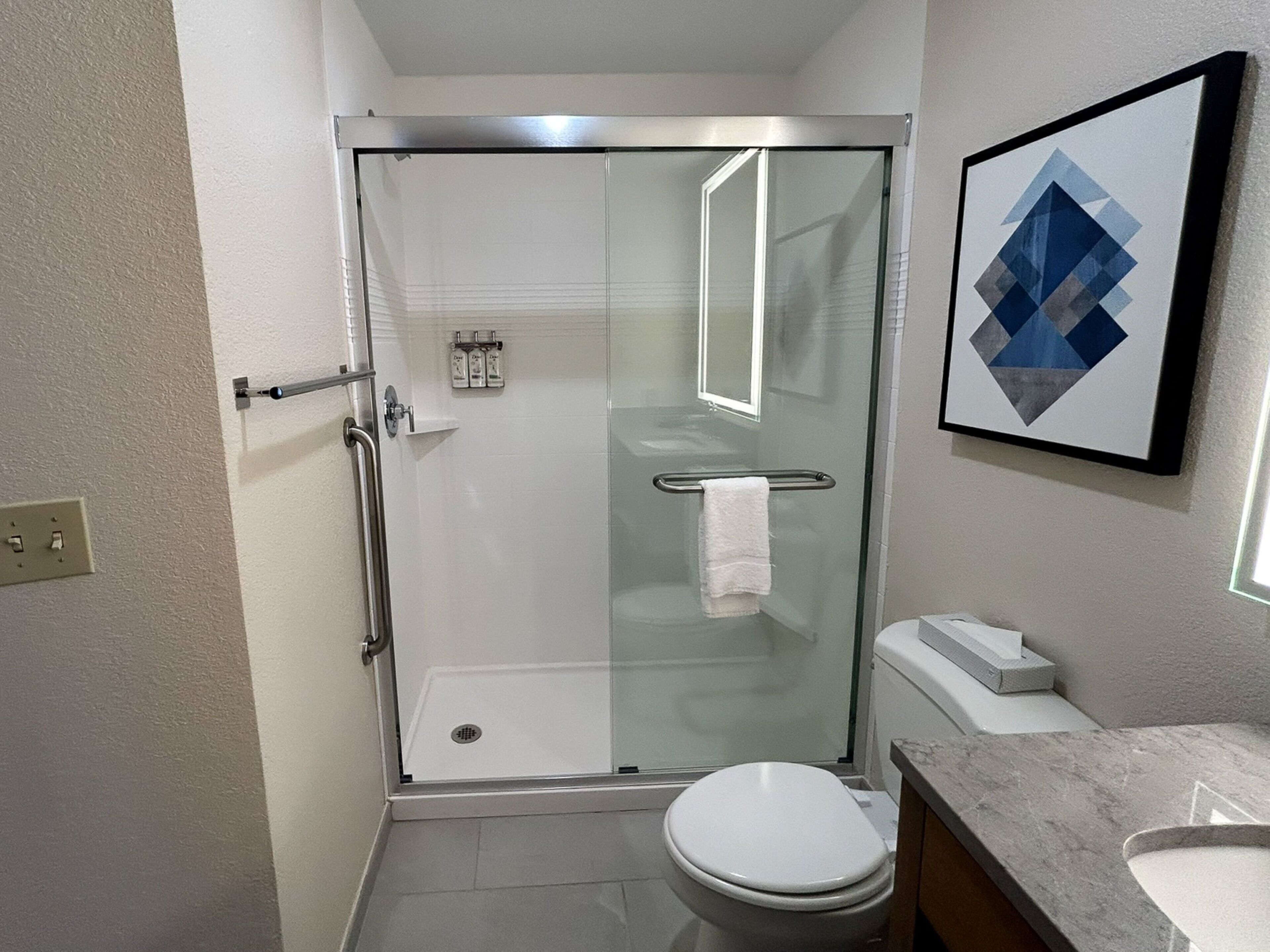Un baño pequeño con ducha de vidrio, inodoro blanco y encimera de mármol.
