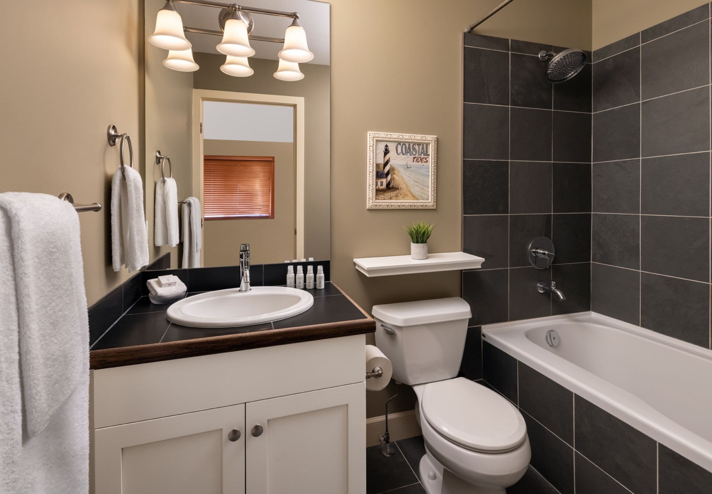 combined shower/bathtub, deep-soaking bathtub, free toiletries