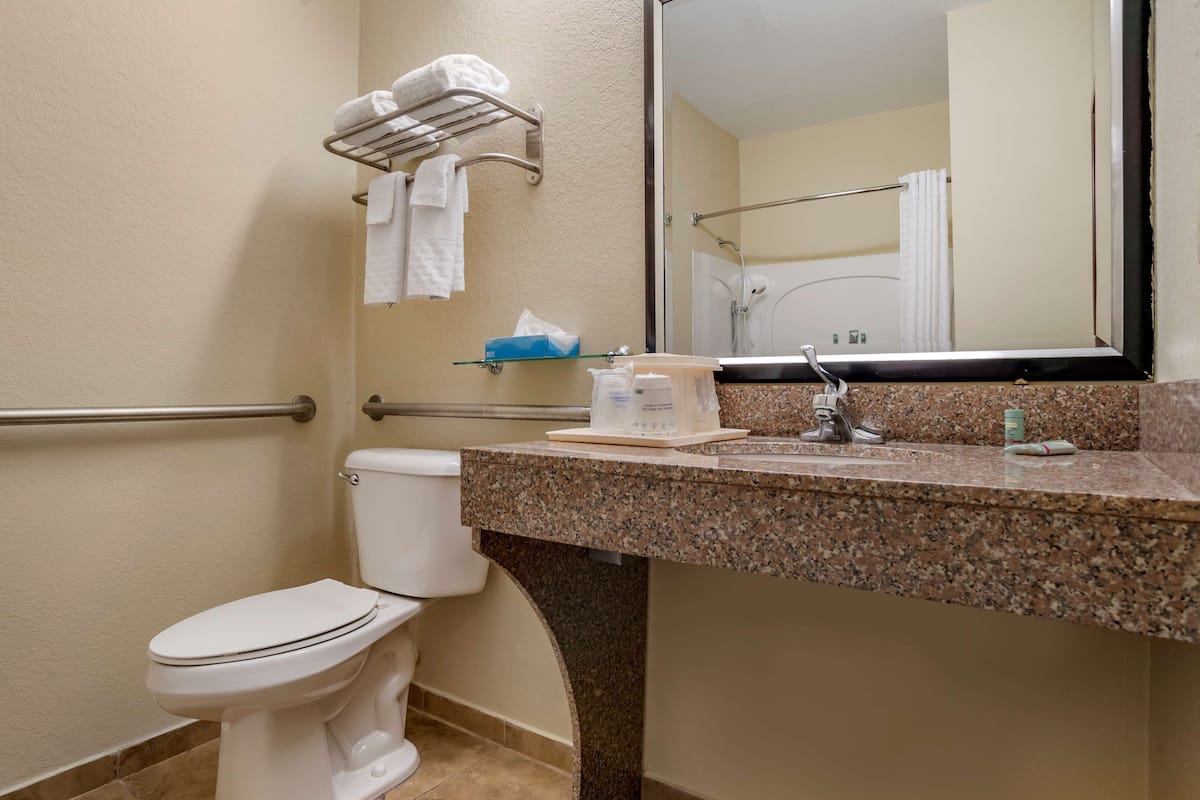 standard room, 1 king bed, accessible, refrigerator | bathroom | combined shower/bathtub, free toiletries, hair dryer, towels