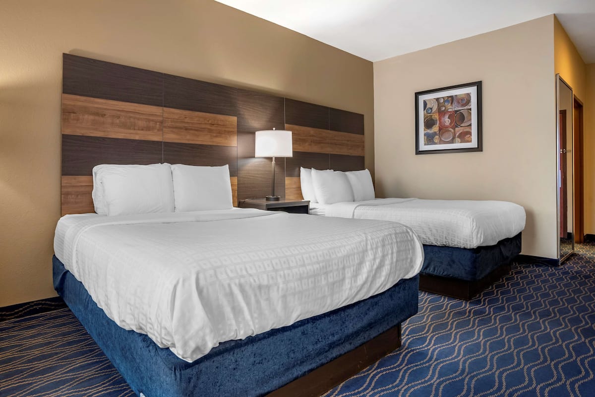 standard room, 2 queen beds, non smoking, refrigerator | desk, laptop workspace, blackout curtains, iron/ironing board