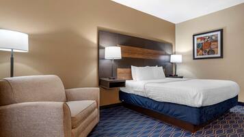 Desk, laptop workspace, blackout curtains, iron/ironing board