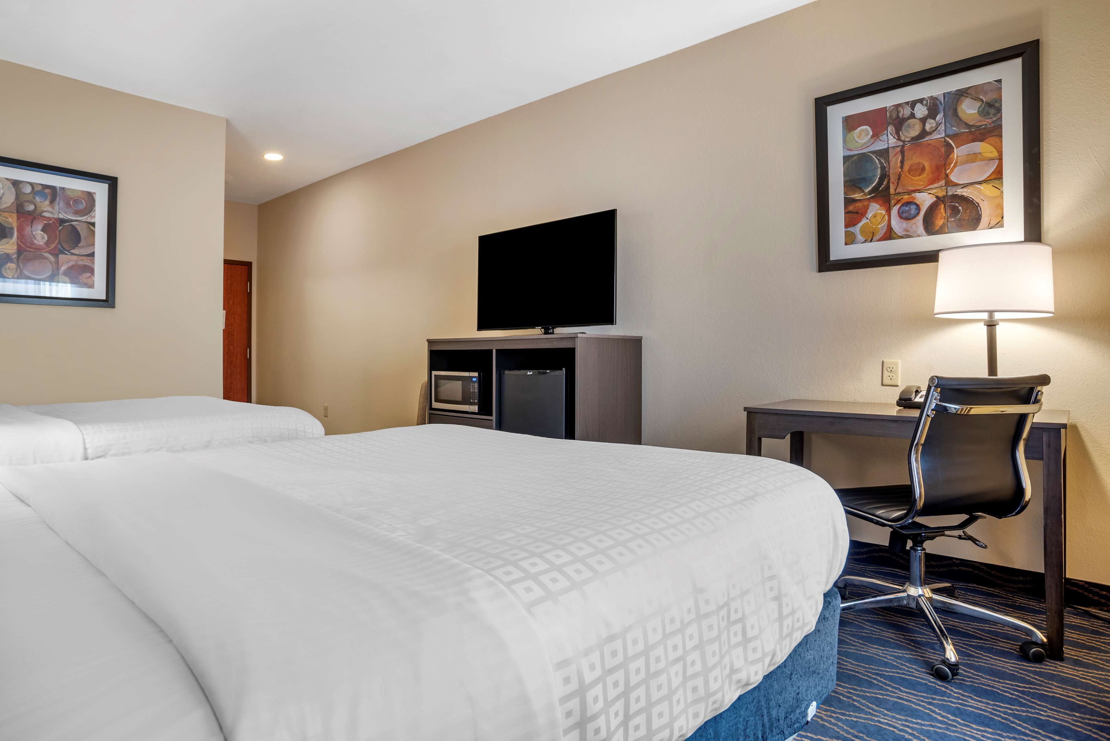 standard room, 2 queen beds, non smoking, refrigerator | desk, laptop workspace, blackout curtains, iron/ironing board