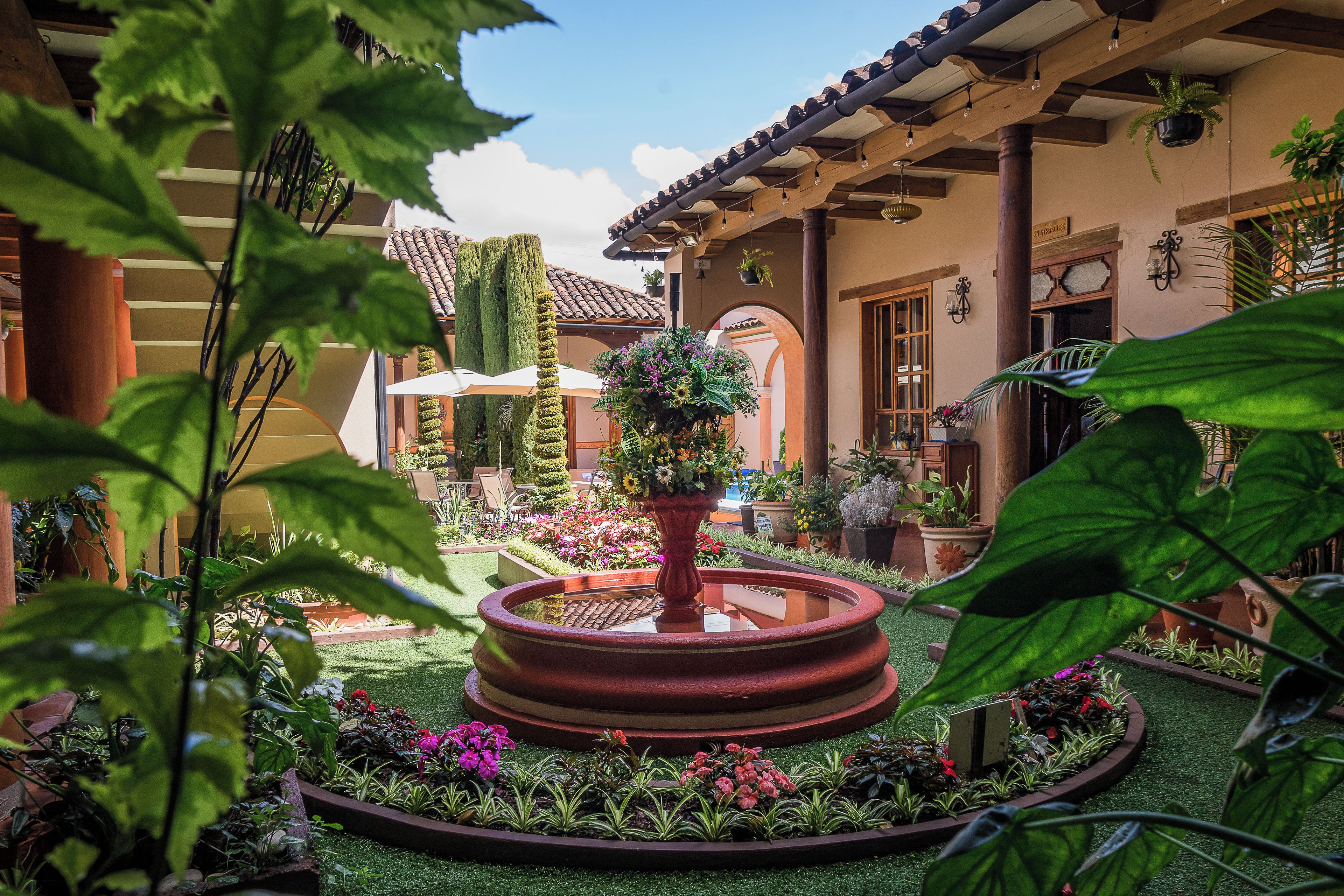 Un patio central con una fuente, rodeado de plantas y flores diversas.