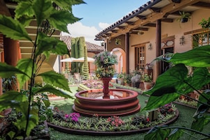 Un patio central con una fuente, rodeado de plantas y flores diversas.