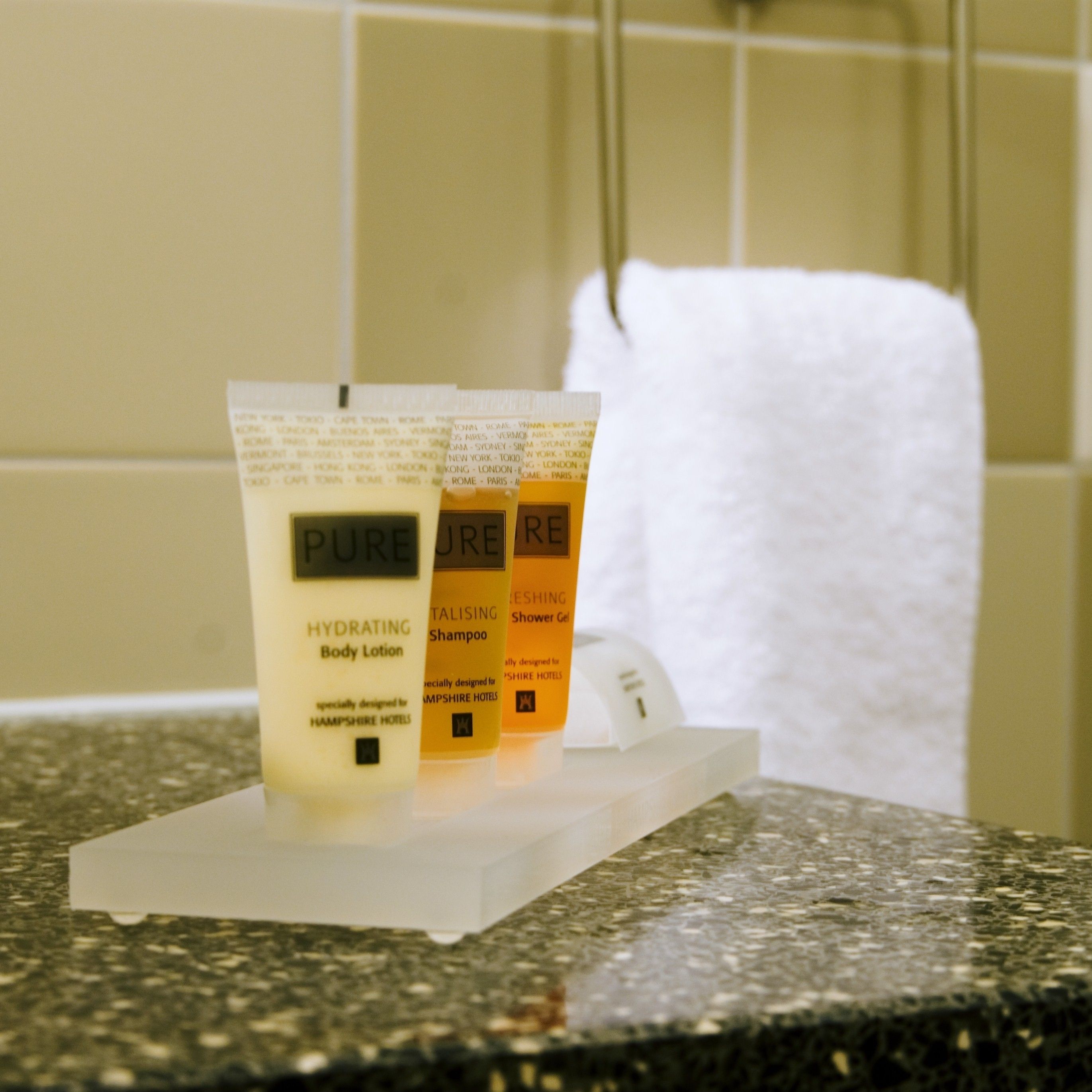 separate bathtub and shower, free toiletries, hair dryer, towels