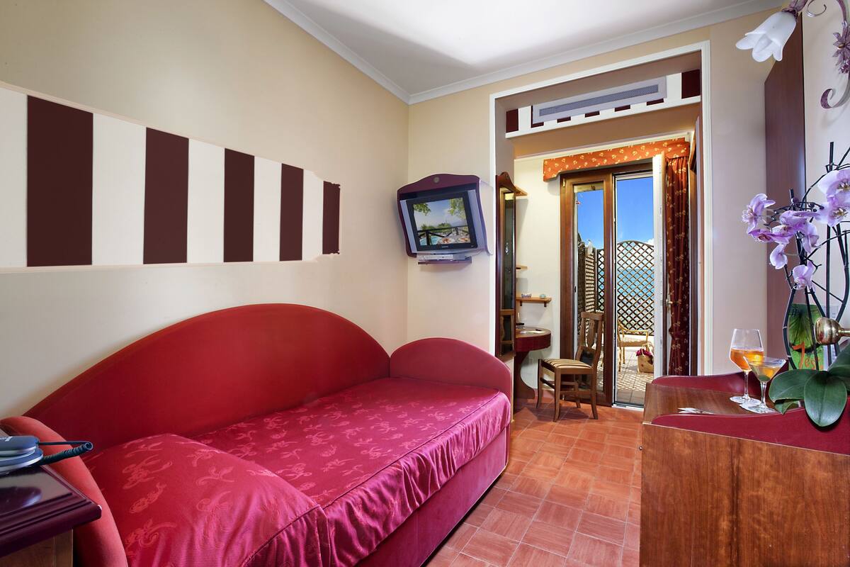 A room with a red sofa, a TV mounted on the wall, a wooden side table with a plant, and a view of the outside through a glass door.