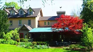 Un quartier résidentiel comprenant plusieurs maisons, un jardin bien entretenu et un arbre aux feuilles rouges.