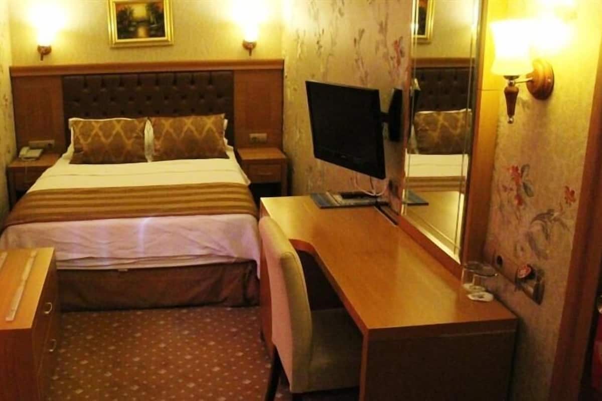 A hotel room with a bed, bedside tables, a desk, a chair, a television, and a mirror.