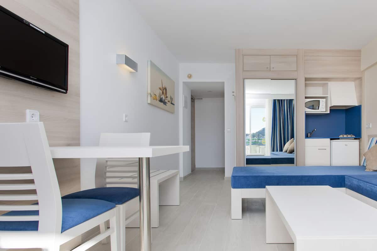 Ein moderner, kompakter Wohnraum mit Küchenzeile, Essbereich und einer Sitzecke mit Sofa und Sesseln.
