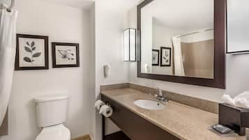 Un baño con inodoro blanco, lavamanos con espejo, una obra de arte enmarcada en la pared y un perchero para toallas.