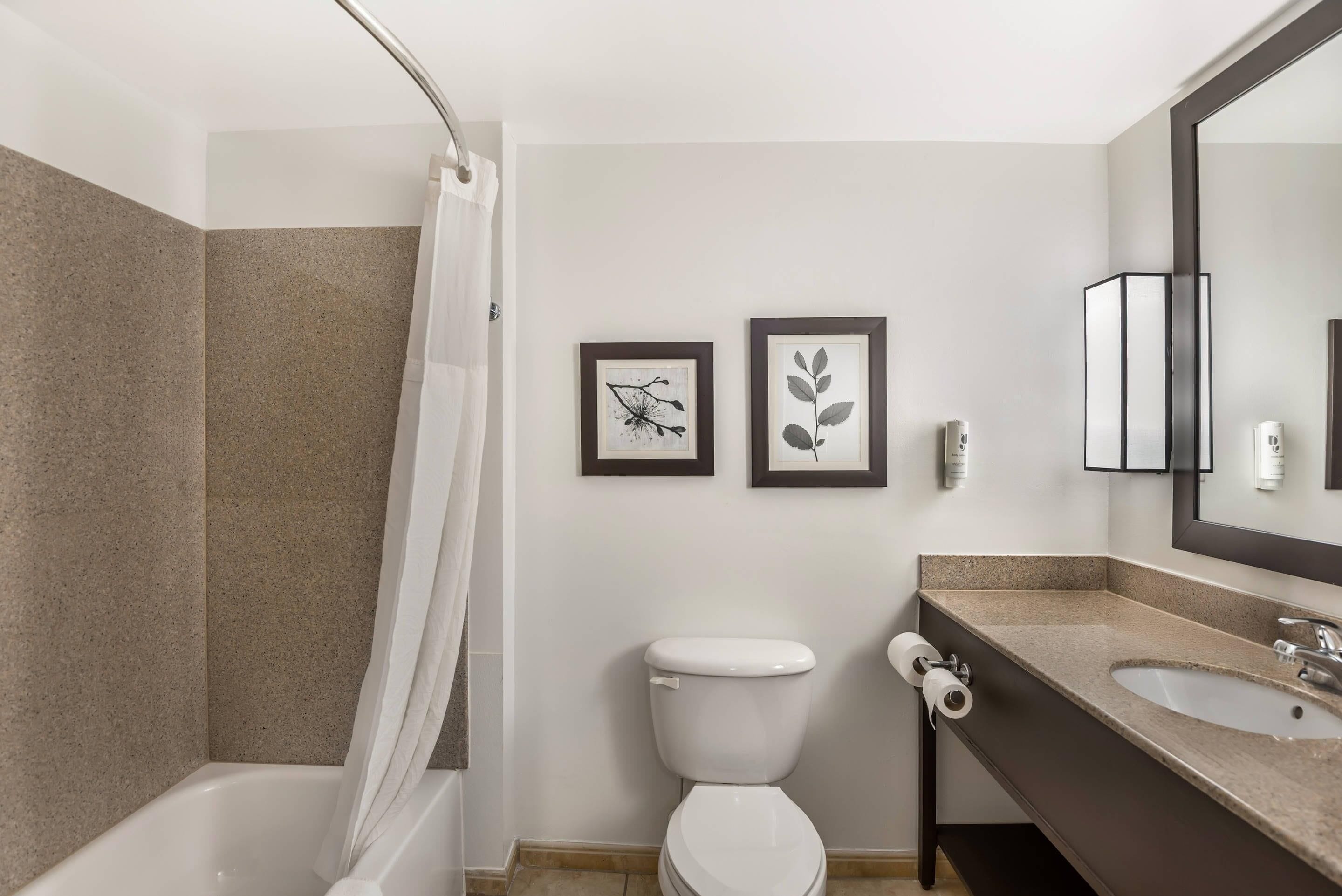 A modern bathroom with a bathtub, toilet, sink, and framed artwork on the wall.