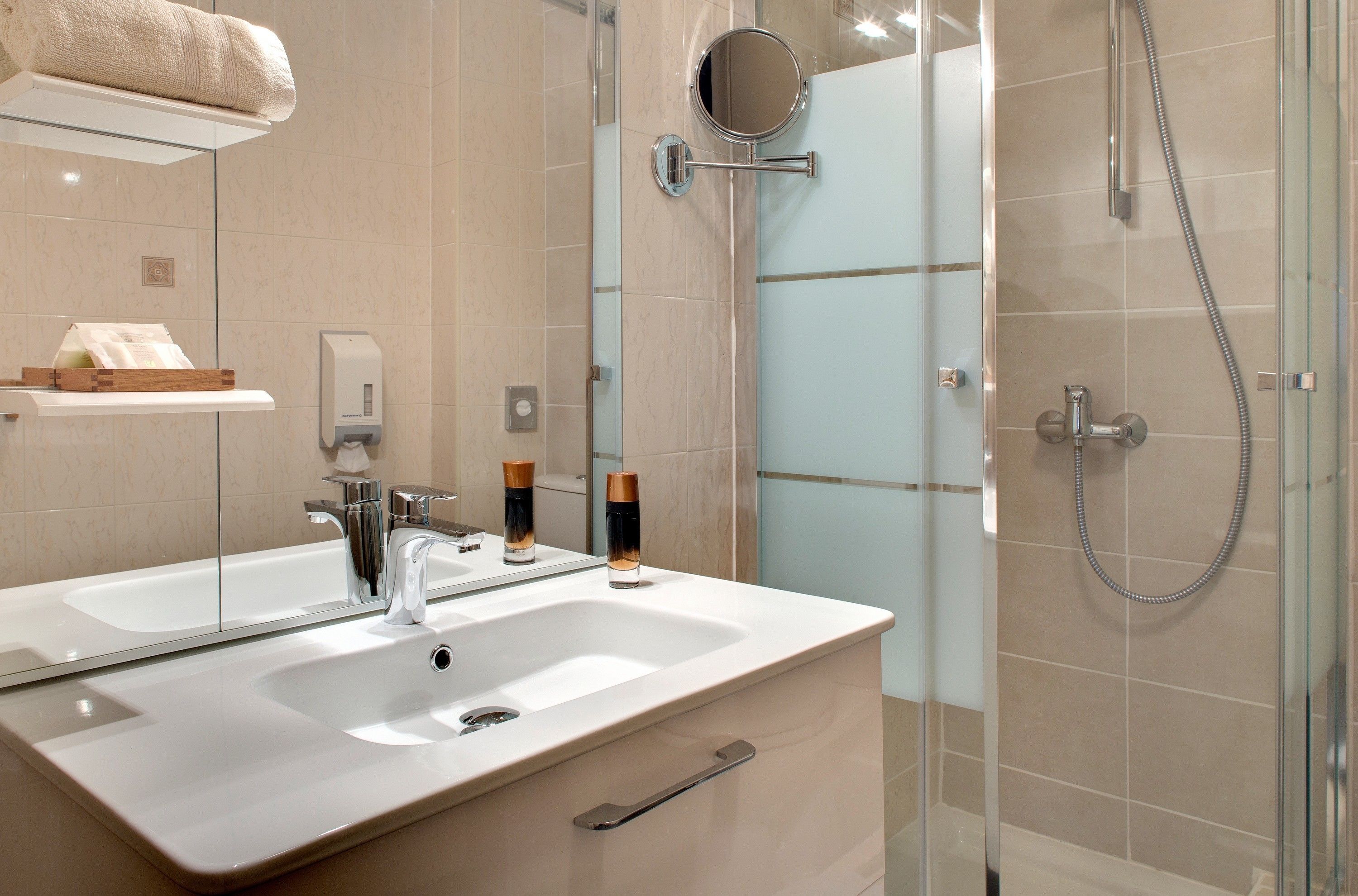 free toiletries, hair dryer, towels, shampoo