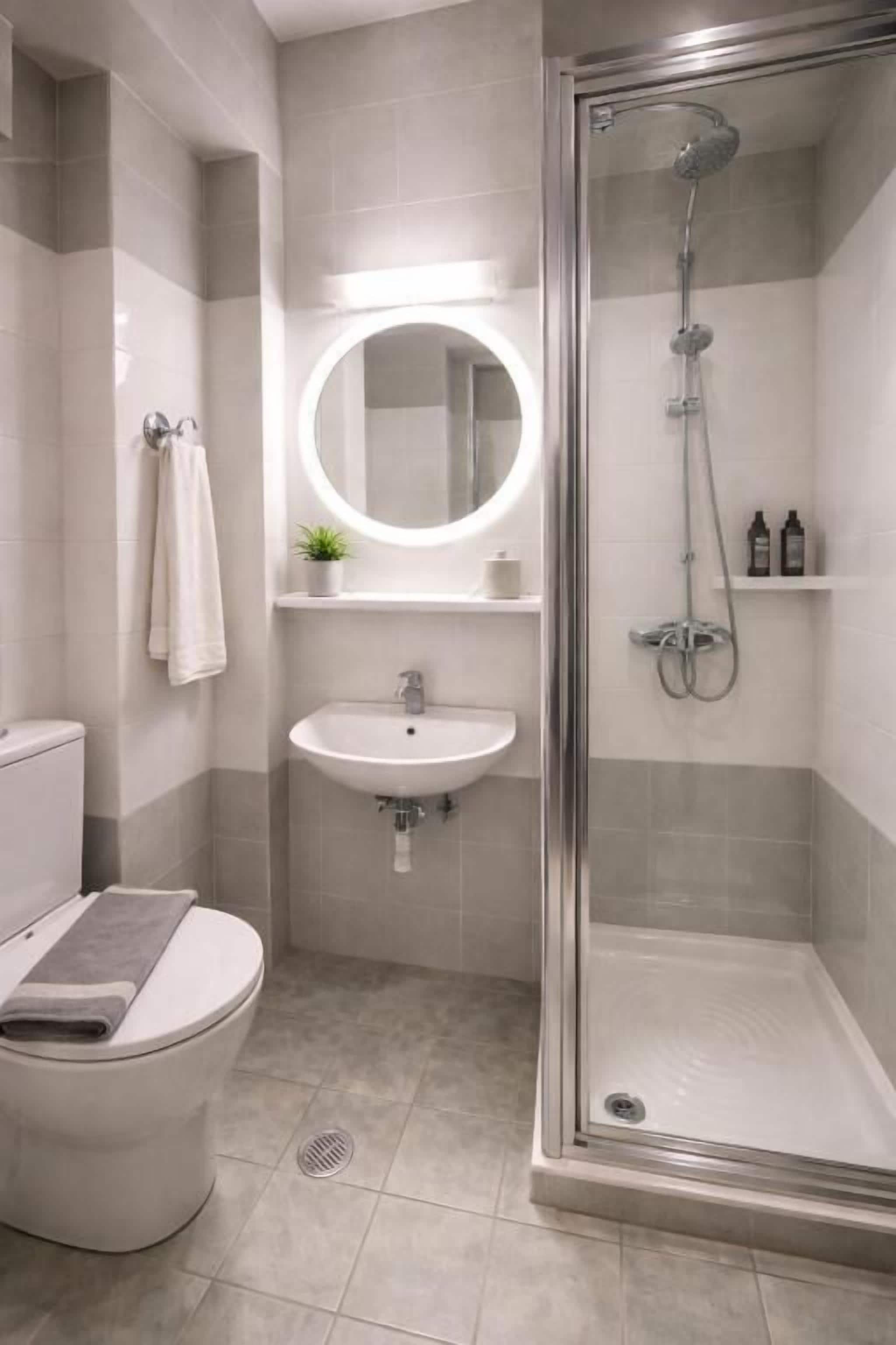 Un baño moderno con inodoro, lavamanos, ducha y un espejo redondo.