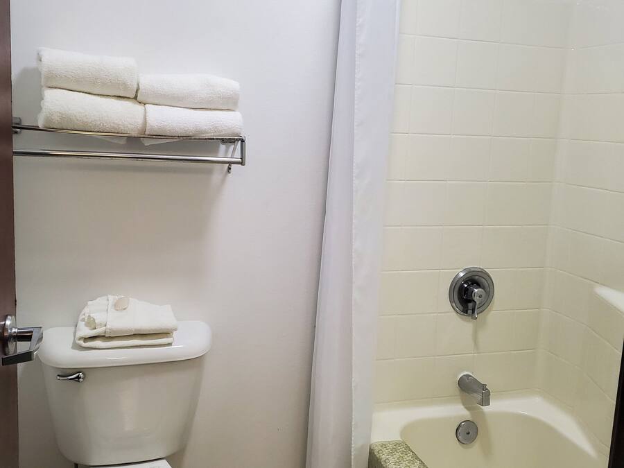A bathroom with a toilet, a shower with a curtain, and a shelf with towels.