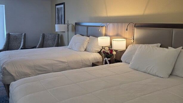 A hotel room with two beds, a nightstand with lamps, a framed picture on the wall, and a window.