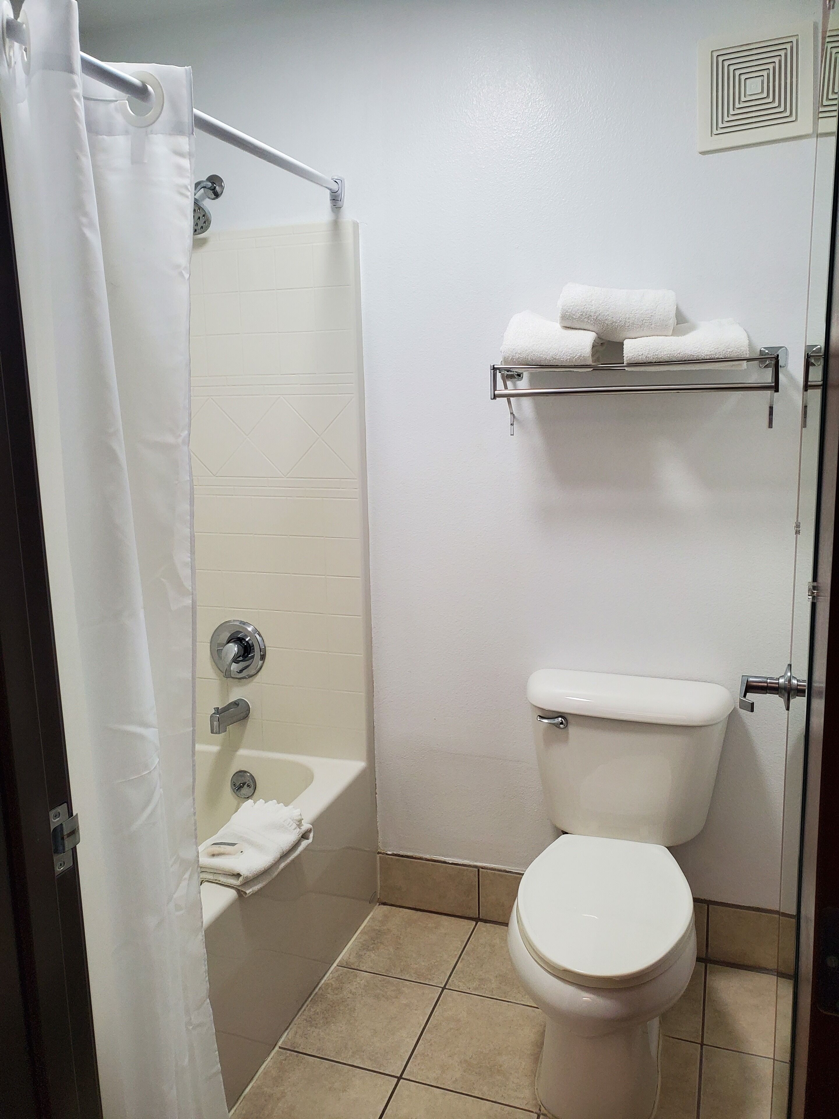 Une salle de bain avec douche, toilettes et porte-serviettes.