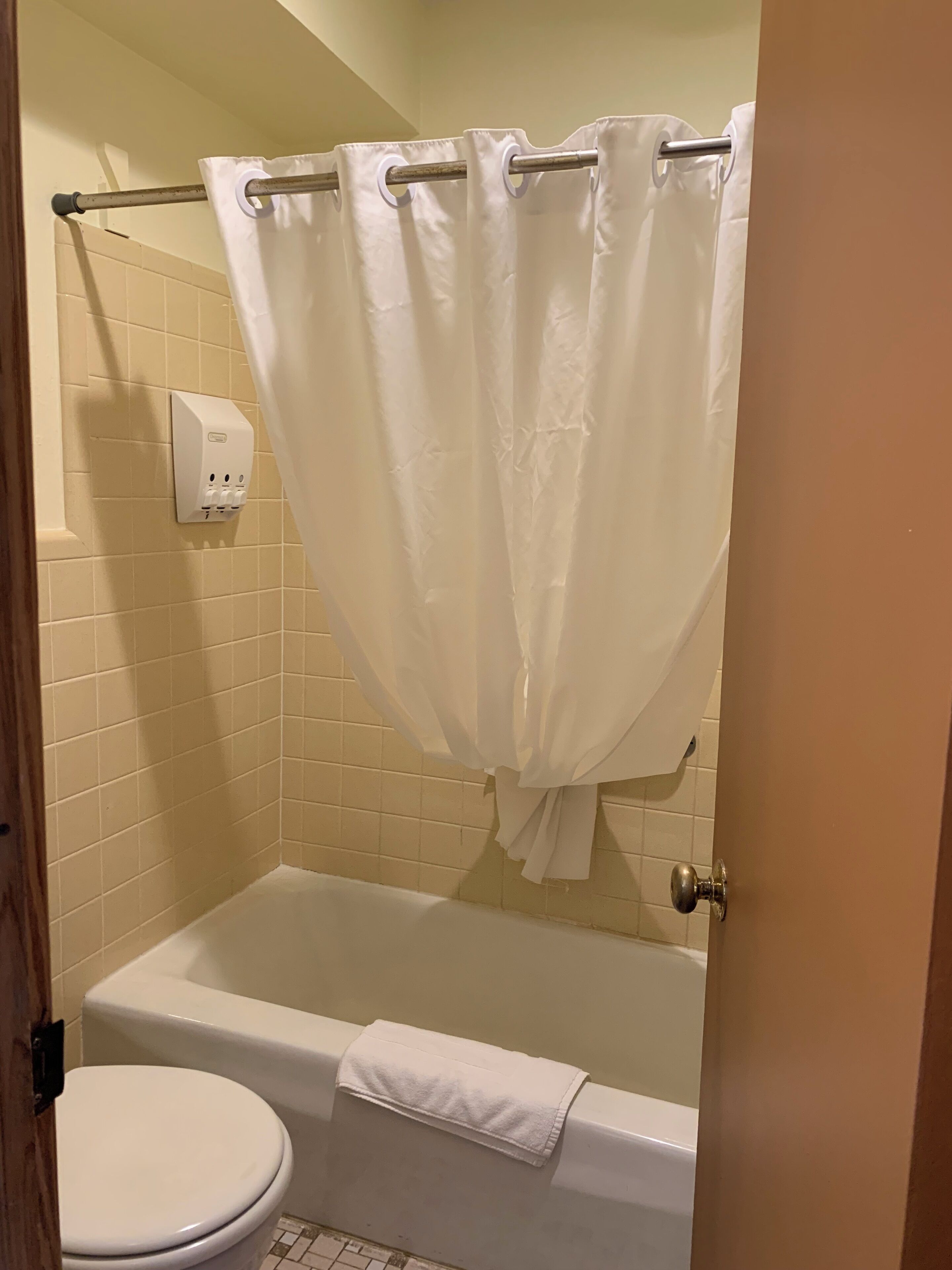A bathroom with a bathtub, toilet, and a shower curtain.